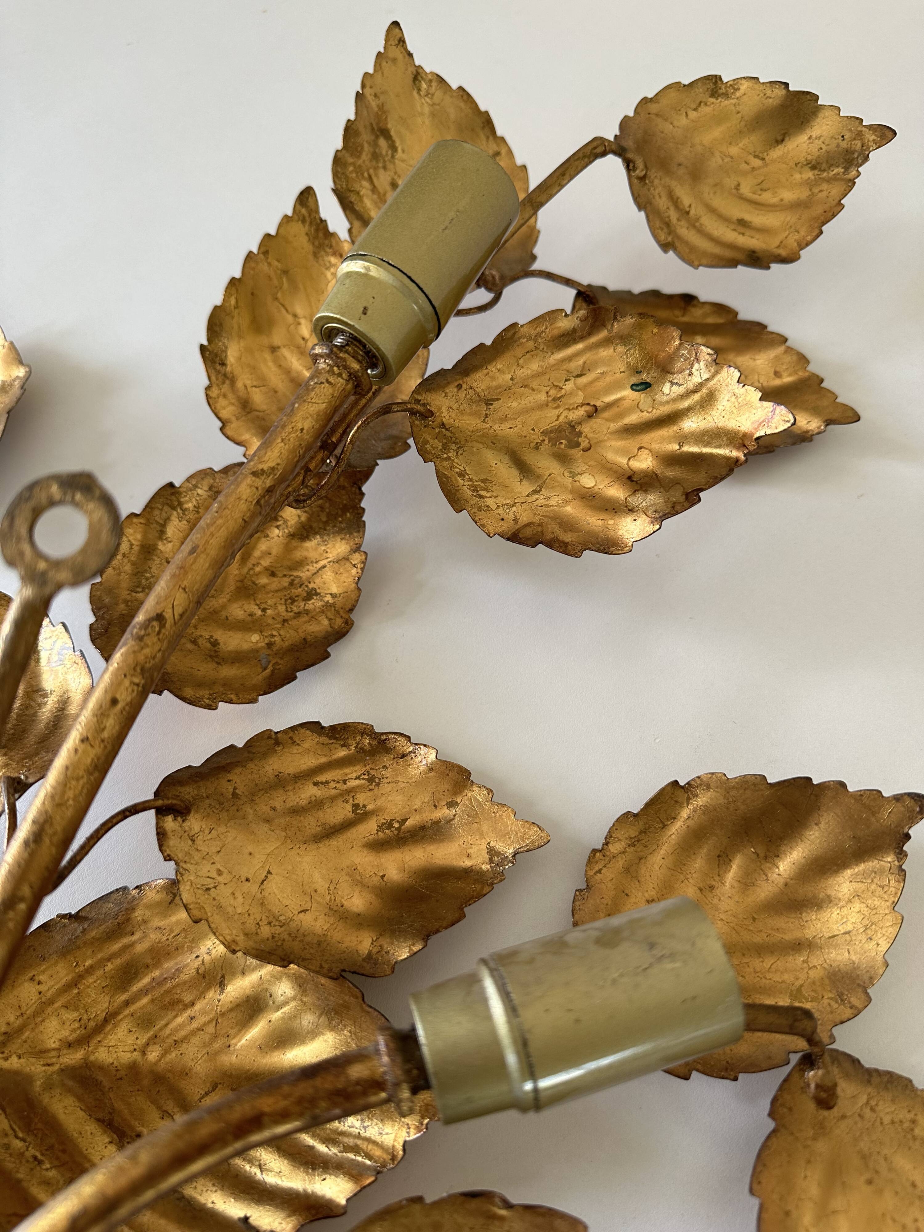 Large golden leaf wall lamp vintage design 70s