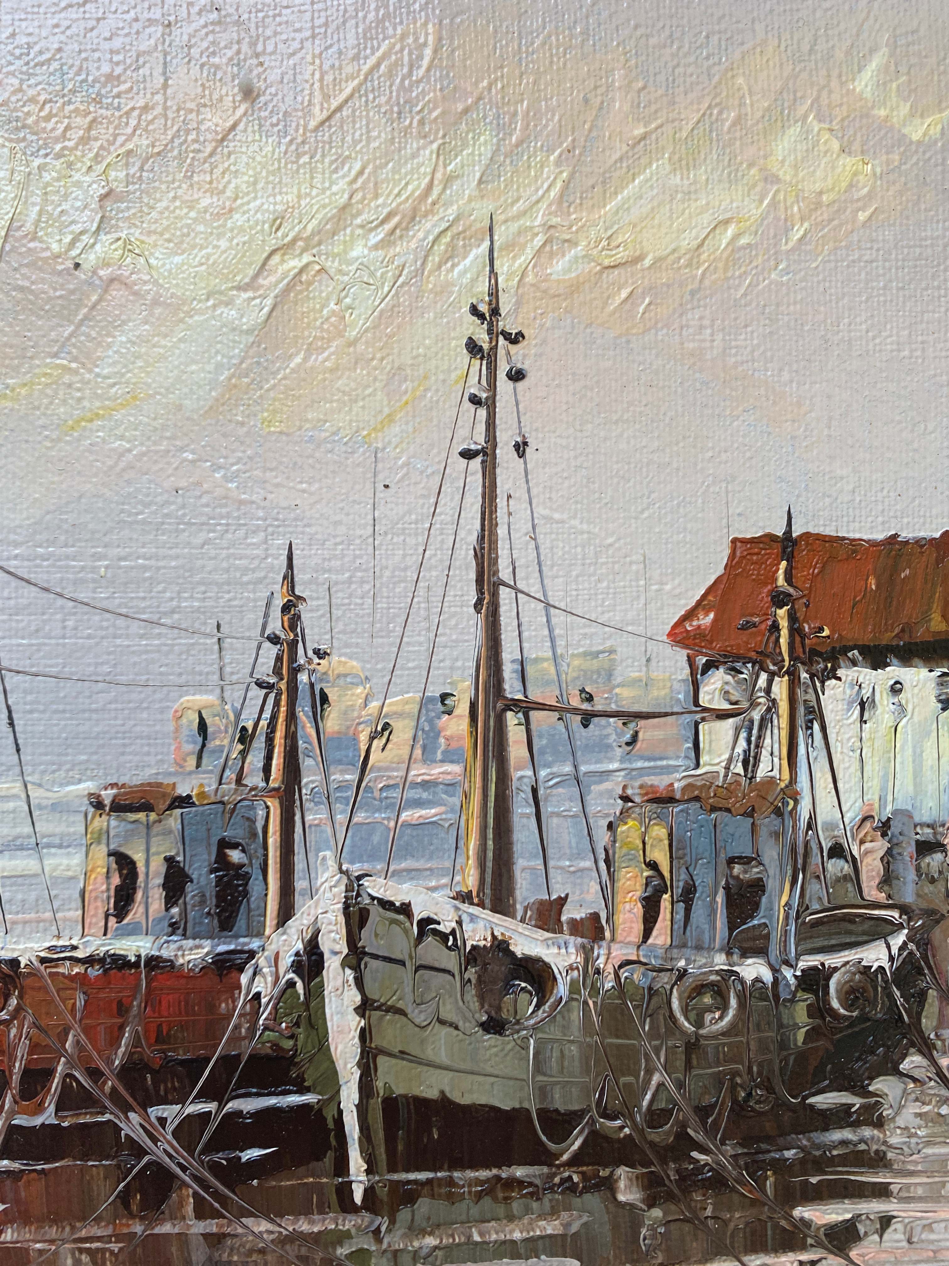 Tableau HST "Marine, les barques au port" signé W. Jones, référencé