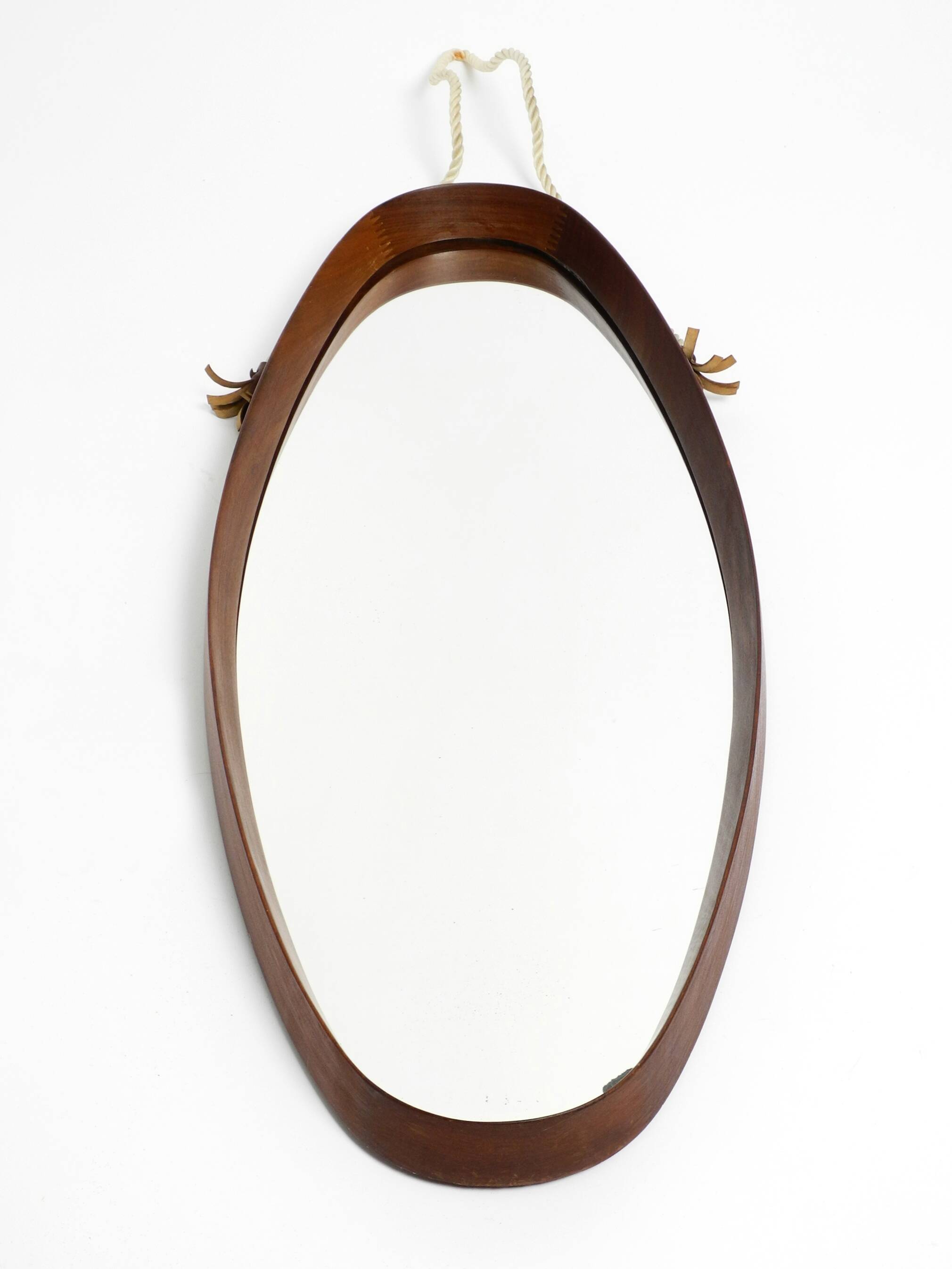 1960s oval large teak wall mirror with thick nylon rope | Made in Italy