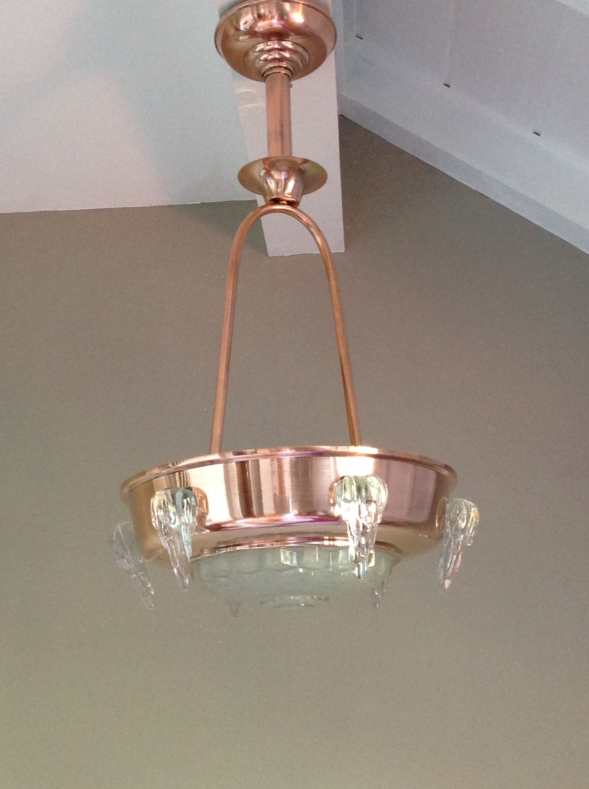 Lustre Moderniste / Art Déco Années 30/40 - Cuivre Et Verre - Marque Ezan