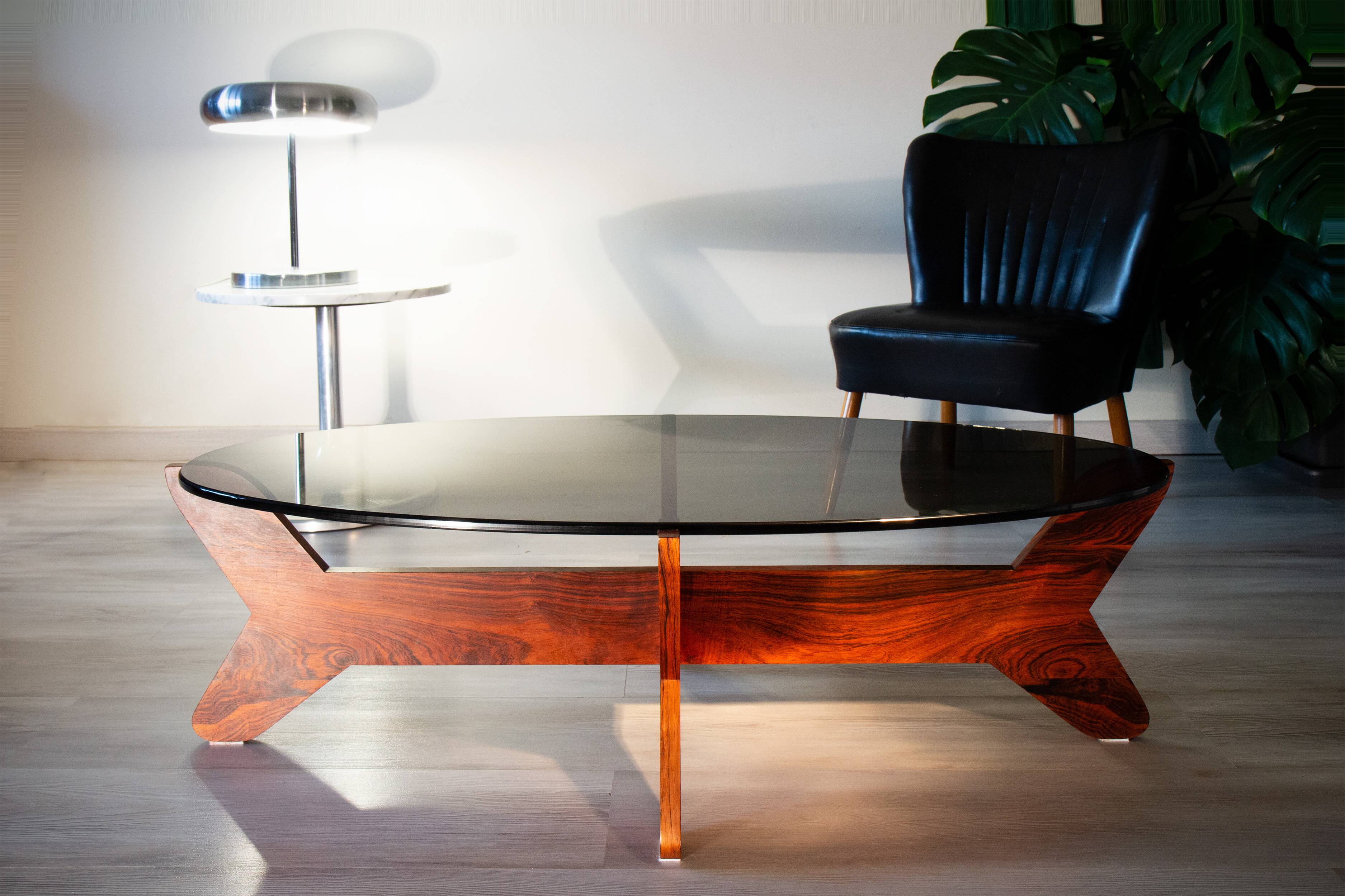 Scandinavian coffee table, rosewood and smoked glass, 1960