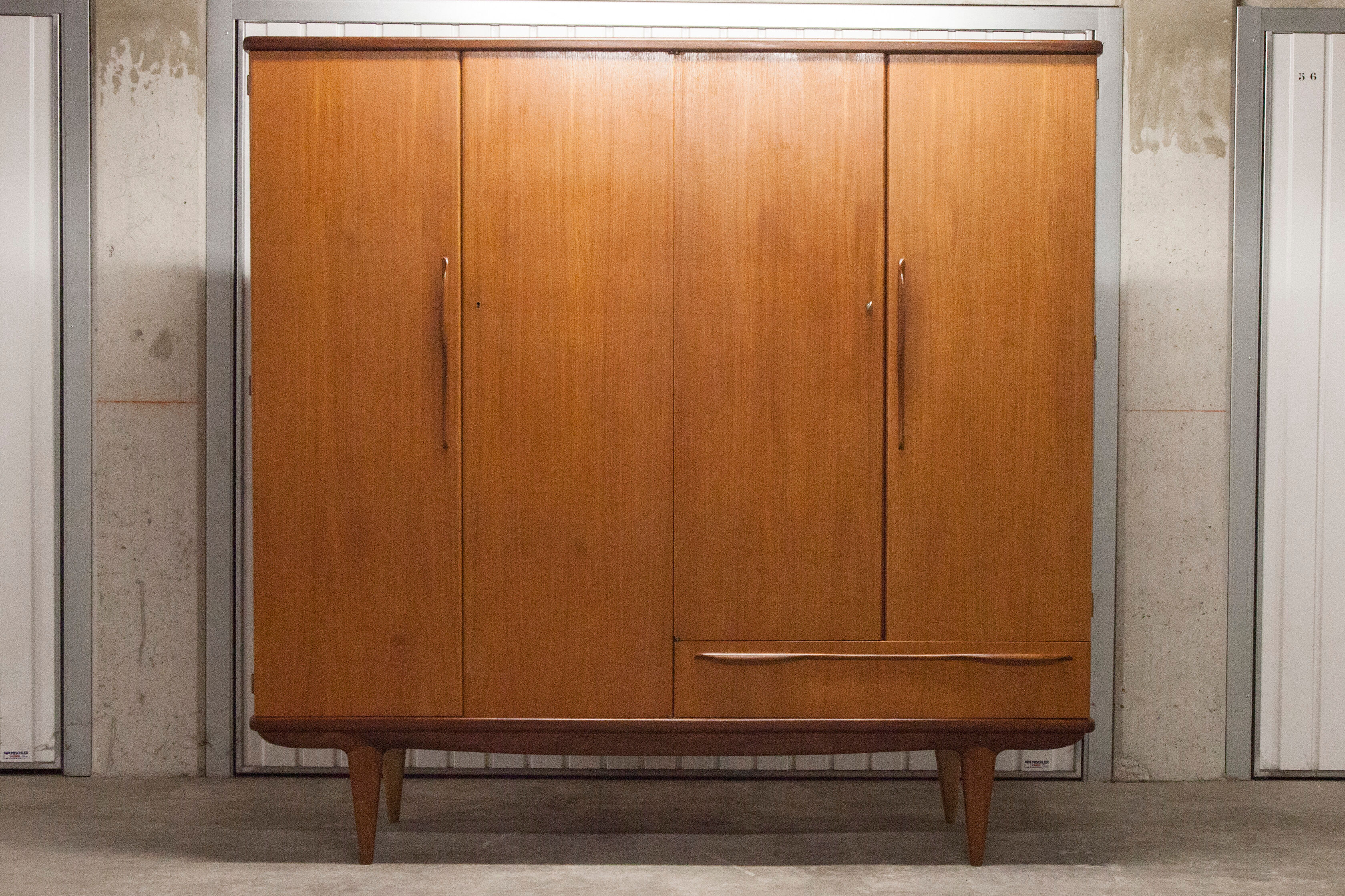 Scandinavian wardrobe 1960 teak 4 doors, 3 drawers, 2keys