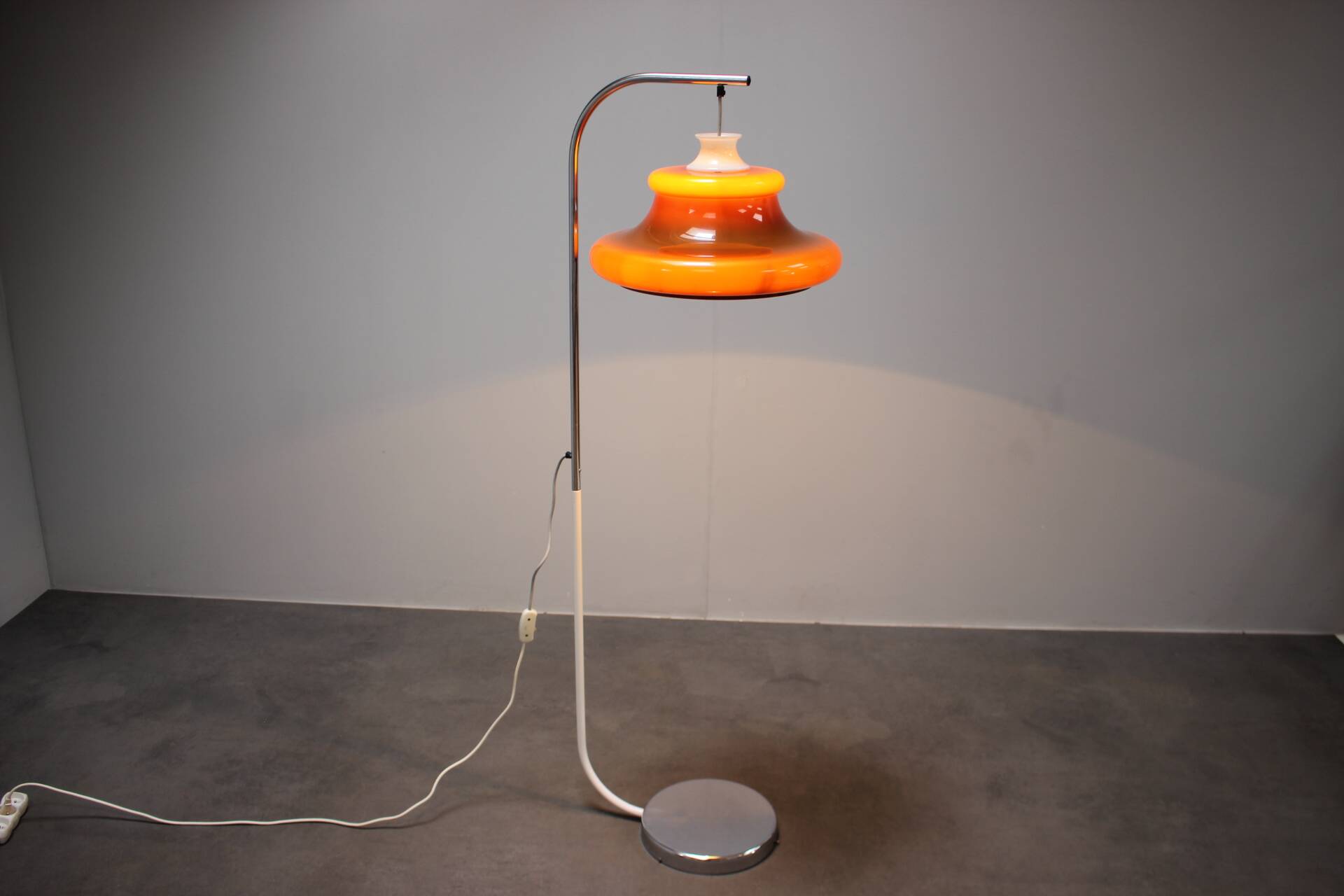 1970s Hungarian space age floor lamp in orange plastic and chrome.