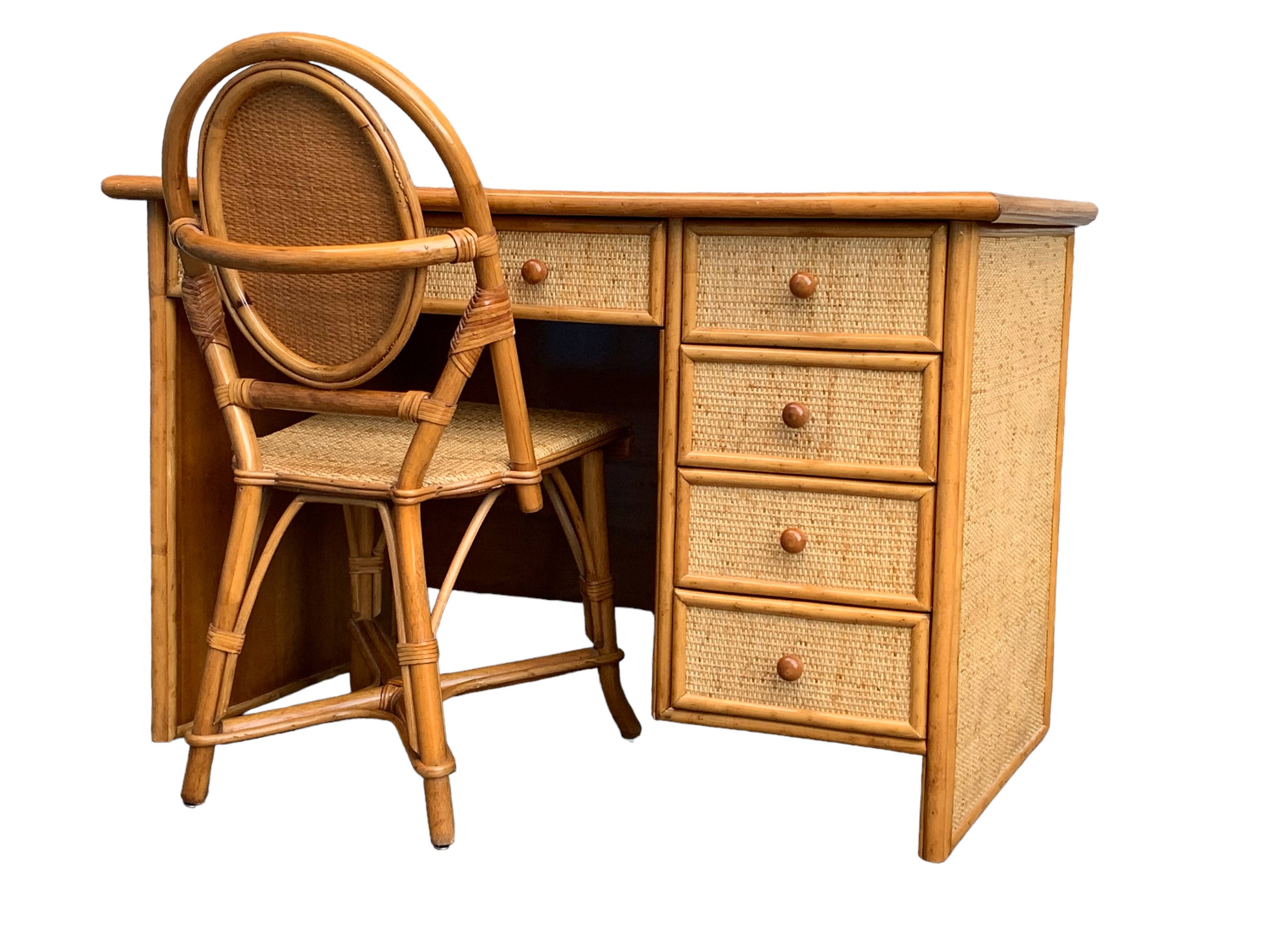 Vintage rattan and woven wicker desk 1970