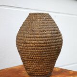 Old basket, burgundy straw and bramble, woven basket, interior decoration