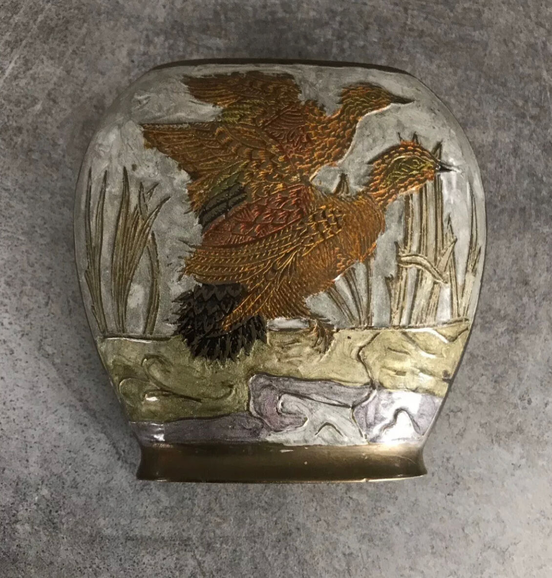 Vintage vase in enamelled brass decoration of duck flight 10.5 cm