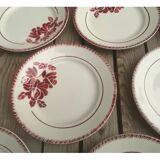 Set of 7 flat ceramic plates Badonviller Red floral decoration