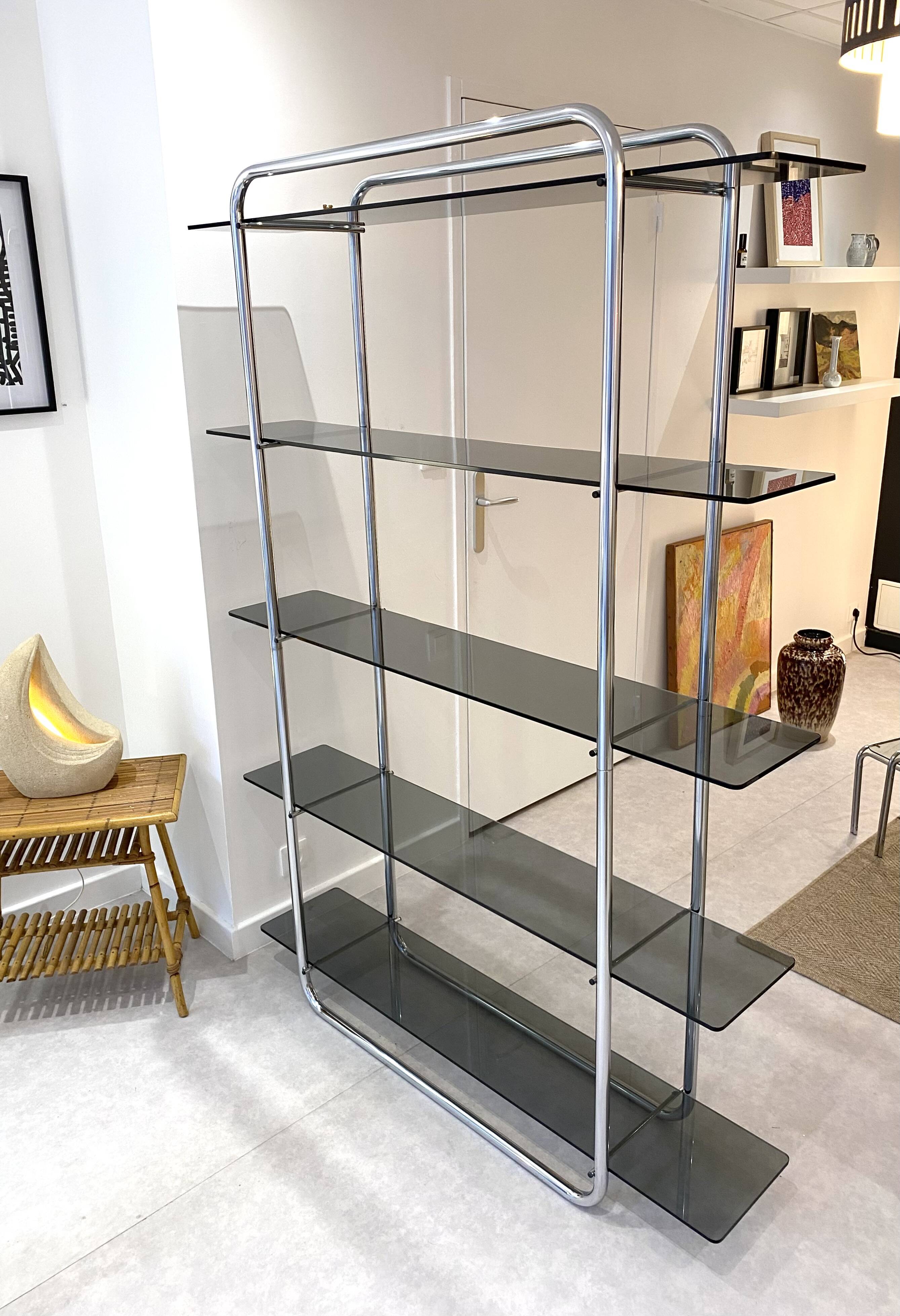 Tubular bookcase & vintage smoked glass 1970