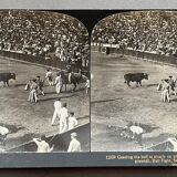 Old photography stereo, stereograph, luxury albumine 1903 bullfight, Seville, Spain