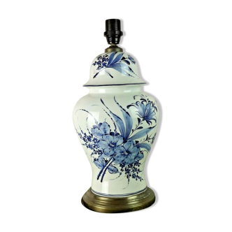 White Ceramic Lamp Base With hand Painted blue Floral Design