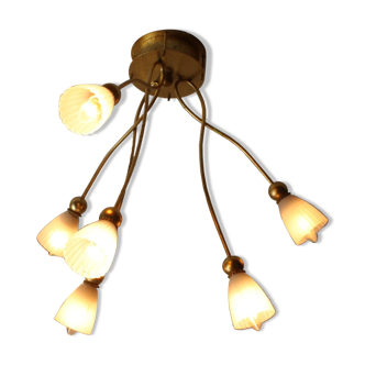 Organic golden metal ceiling light with 6 flowers.