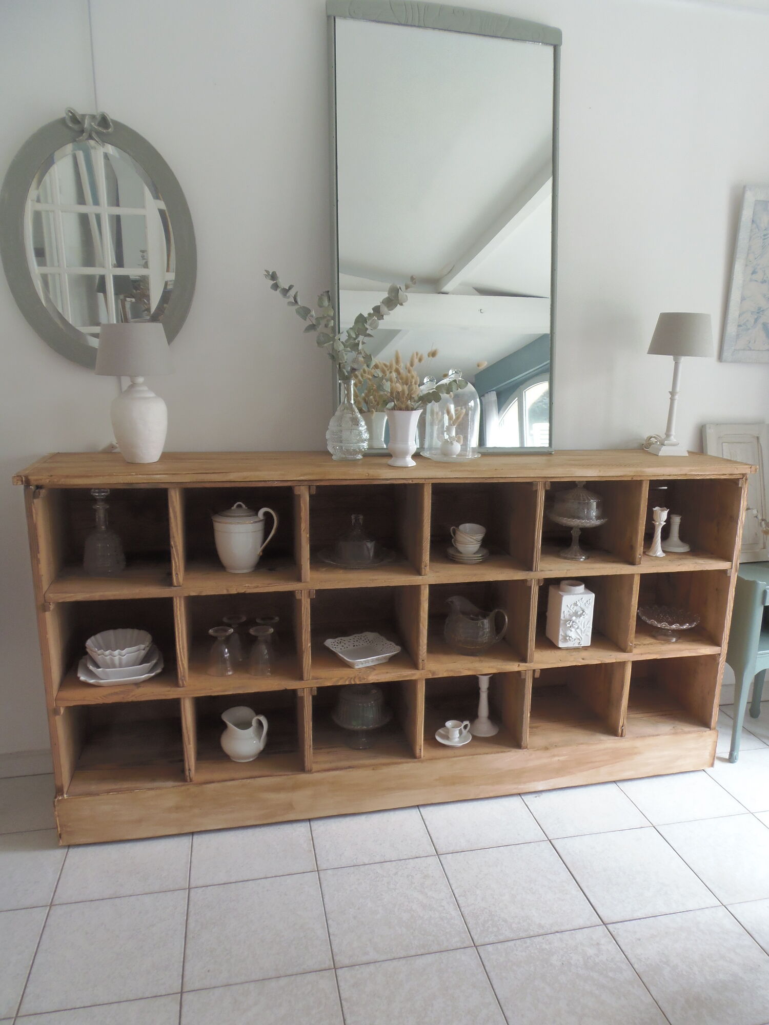 Vintage craft furniture on pitchpin wheels, 18 lockers.