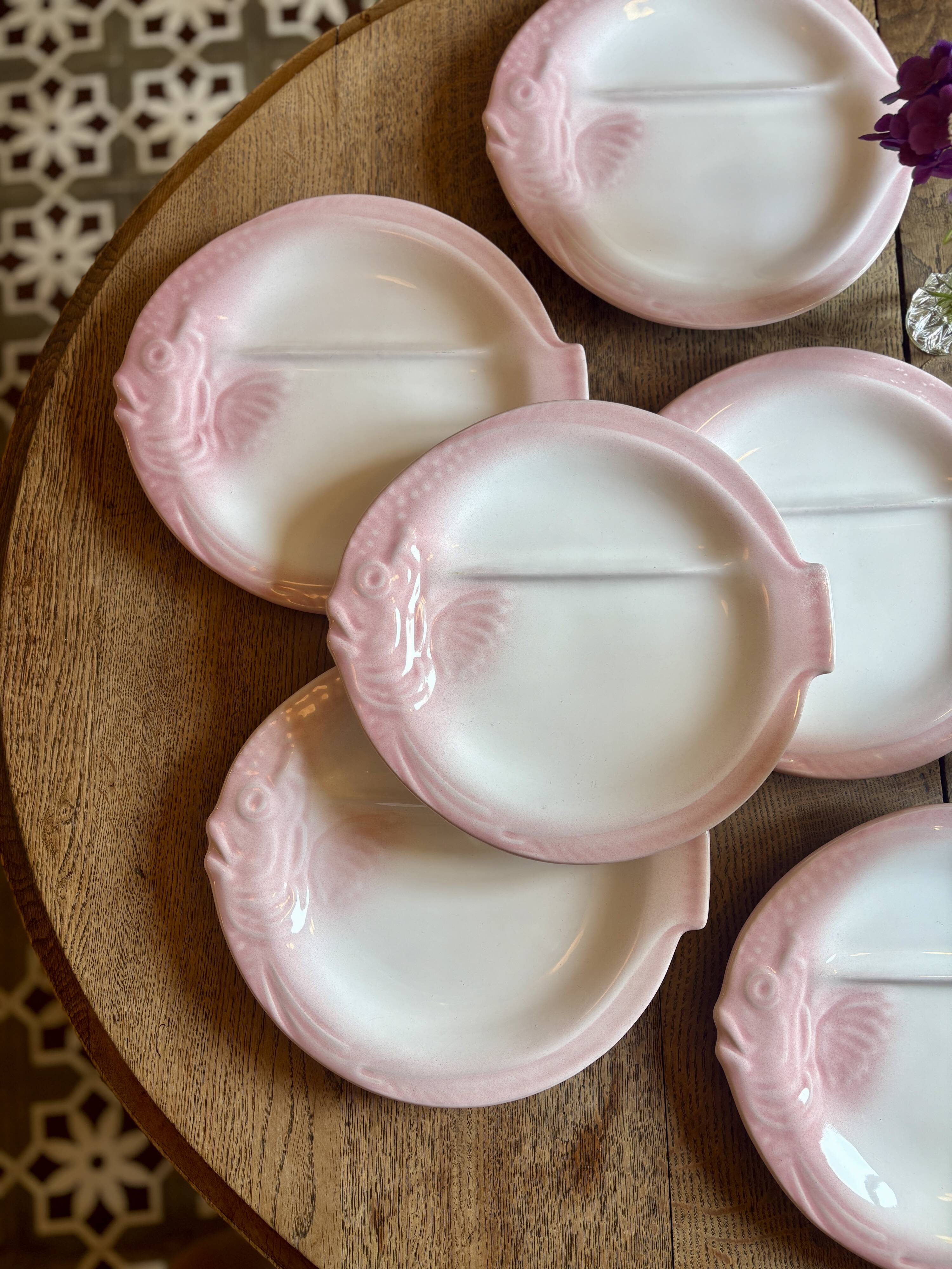Set of 6 vintage plates in the shape of pink and gray fish - Nidervillier
