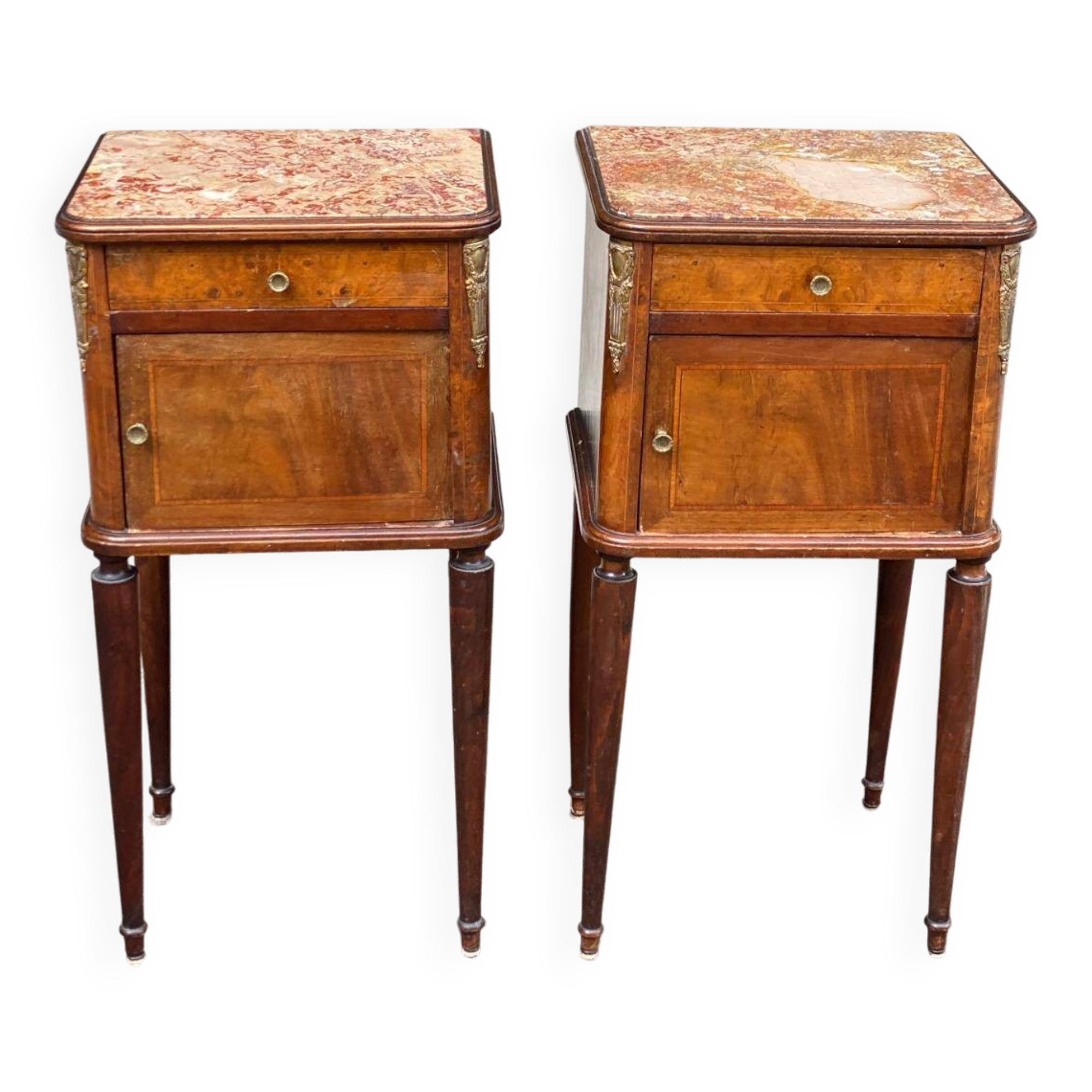 Pair of Louis XV bedside tables, 19th century, marquetry and pink marble