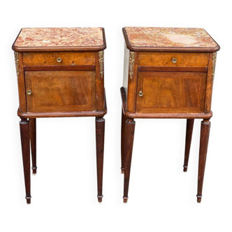 Paire de chevet Louis XV XIXème marqueterie et marbre rose