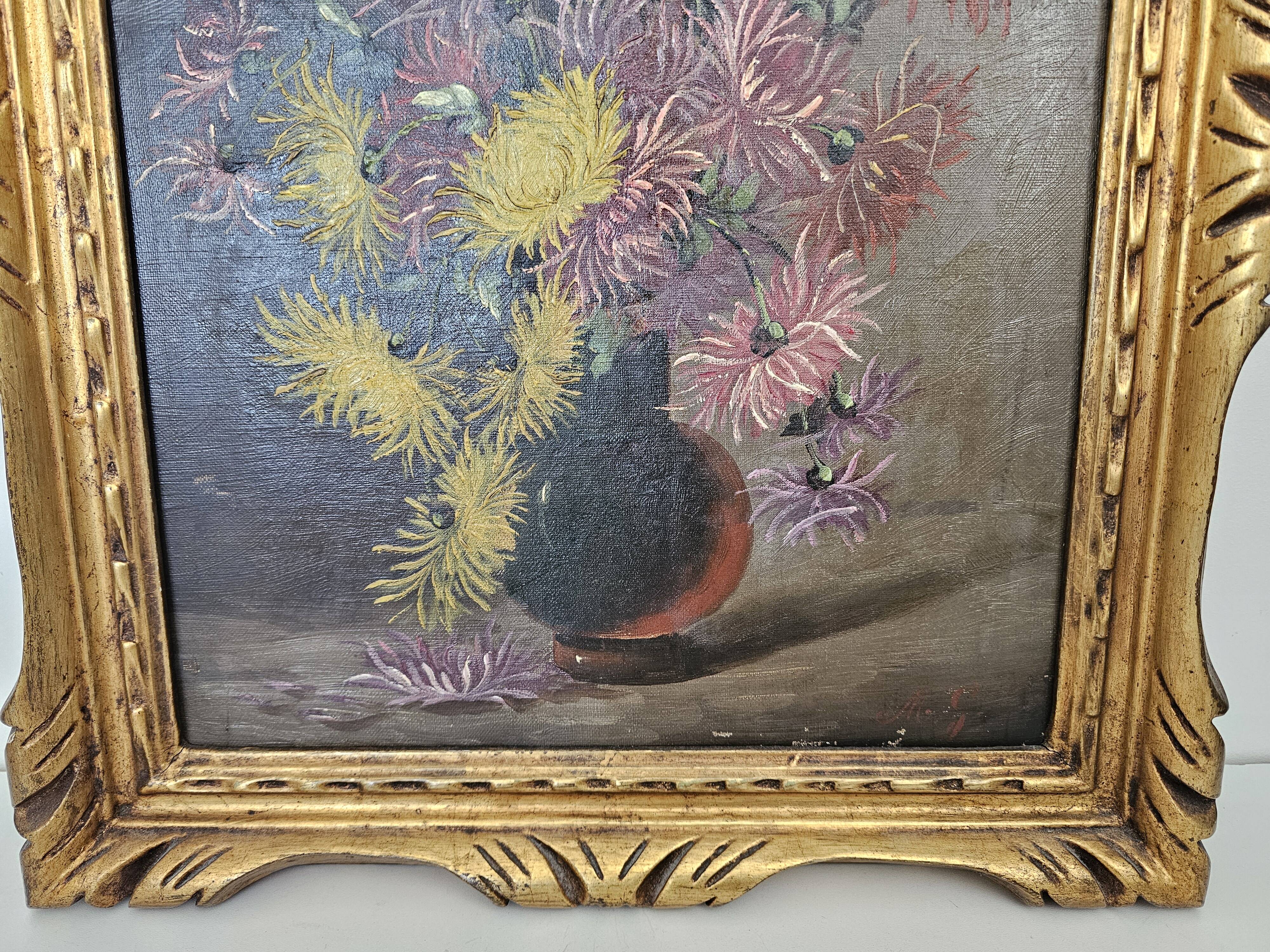 Old Oil on Canvas Painting - Still Life with Bouquet Signed M. G.