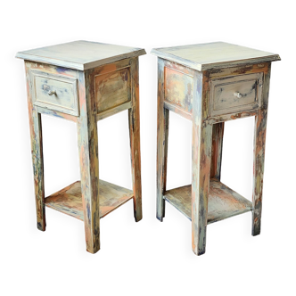 Pair of multicolored patinated bedside tables