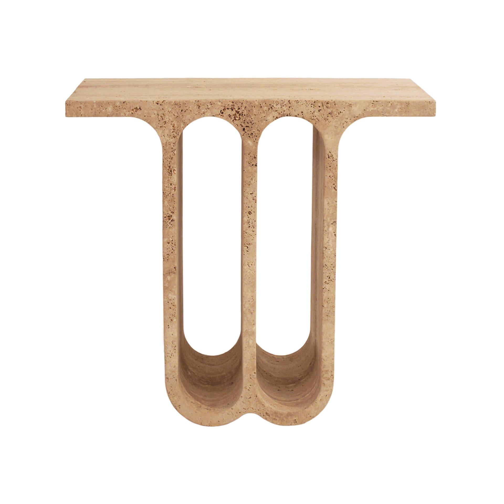 Modern Pair of Italian Ivory Travertine Consoles with Semi-Circular Arches