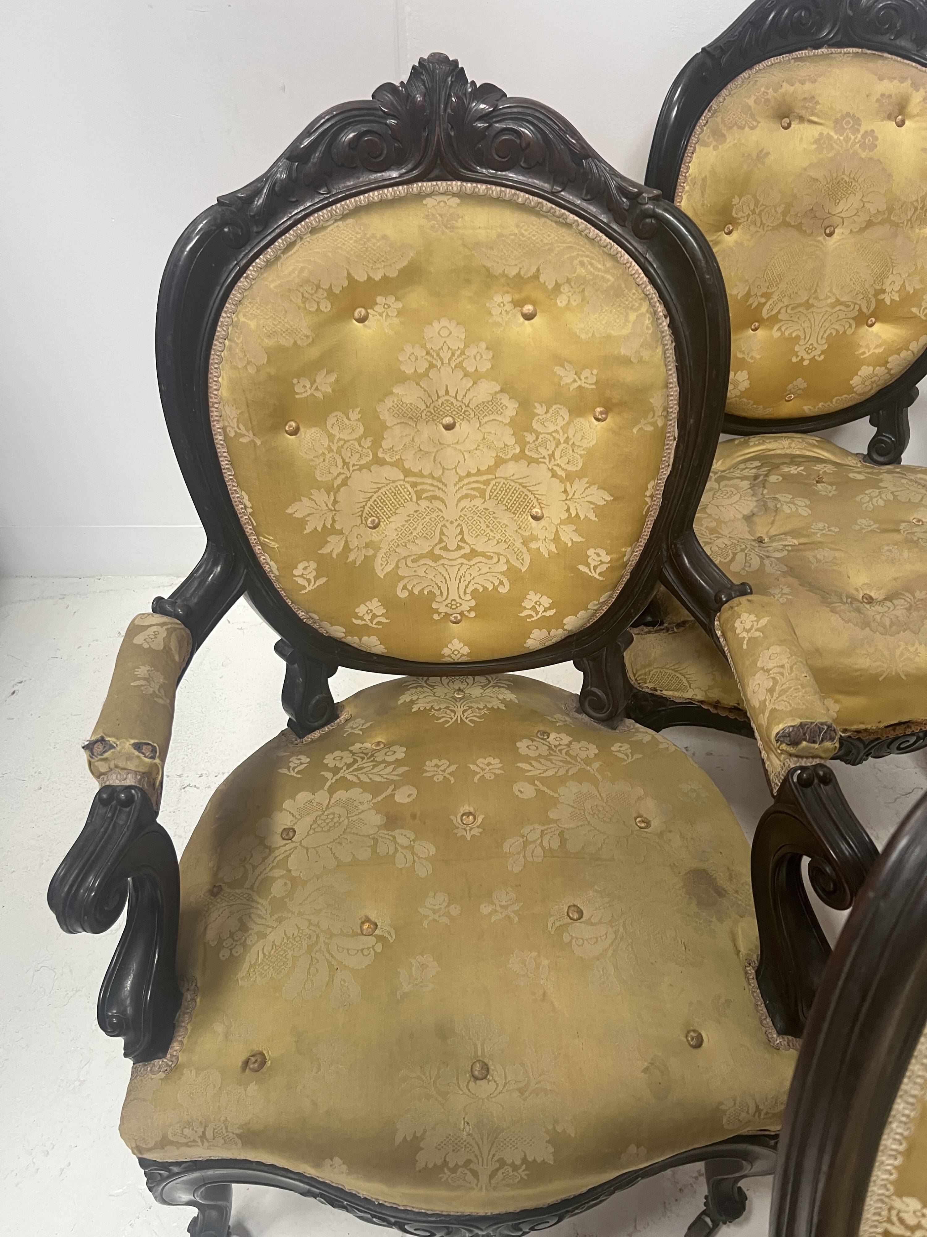 Set of eight Napoleon III style Louis XV armchairs in rosewood, 20th century.