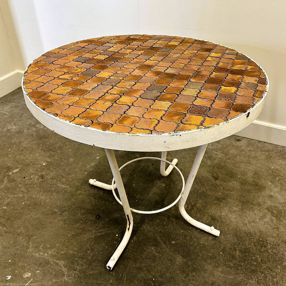 Vintage round French garden table with French "Tomettes" tiled top, 1960s