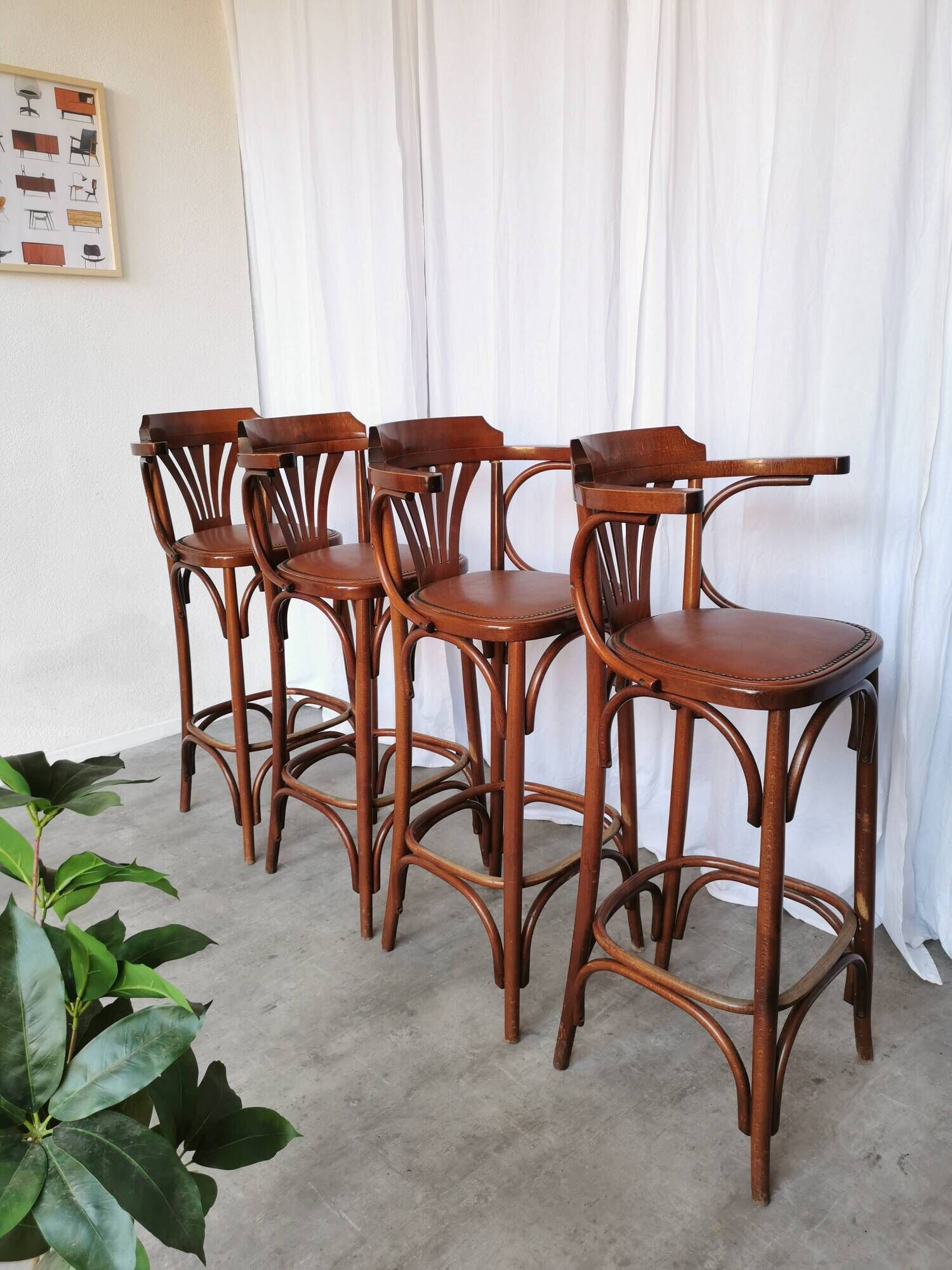 Set of 4 Vintage Bentwood Bar Stools, Brown Leather Seat, Nailhead Trim