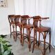 Set of 4 Vintage Bentwood Bar Stools, Brown Leather Seat, Nailhead Trim