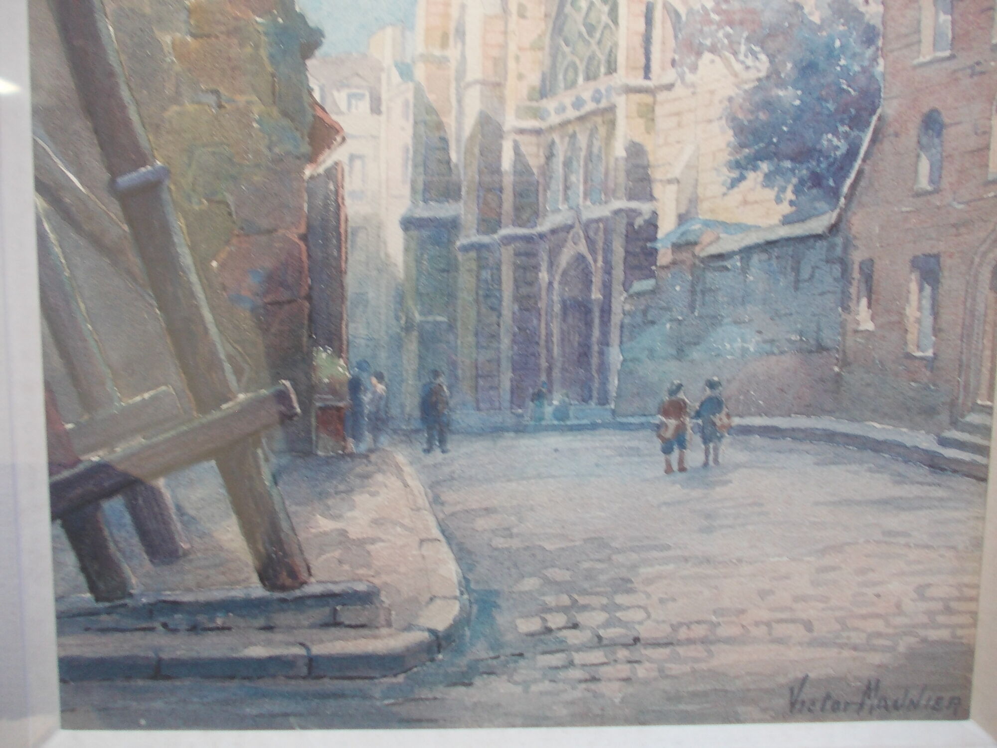 WATERCOLOR 1930 signed VICTOR MAUNIER : PARIS rue des Prêtres Saint Séverin Latin Quarter, 75, frame