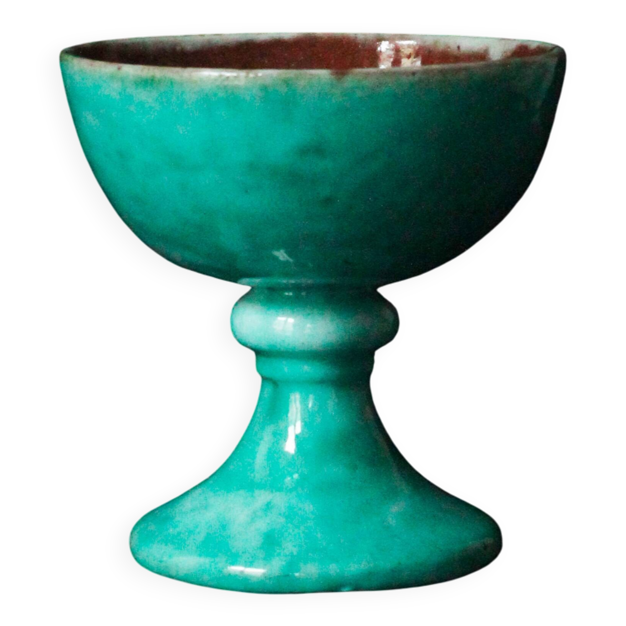 Cup on a pedestal or chalice in cloudy lagoon green glazed terracotta
