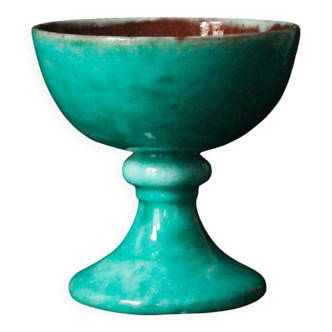 Cup on a pedestal or chalice in cloudy lagoon green glazed terracotta