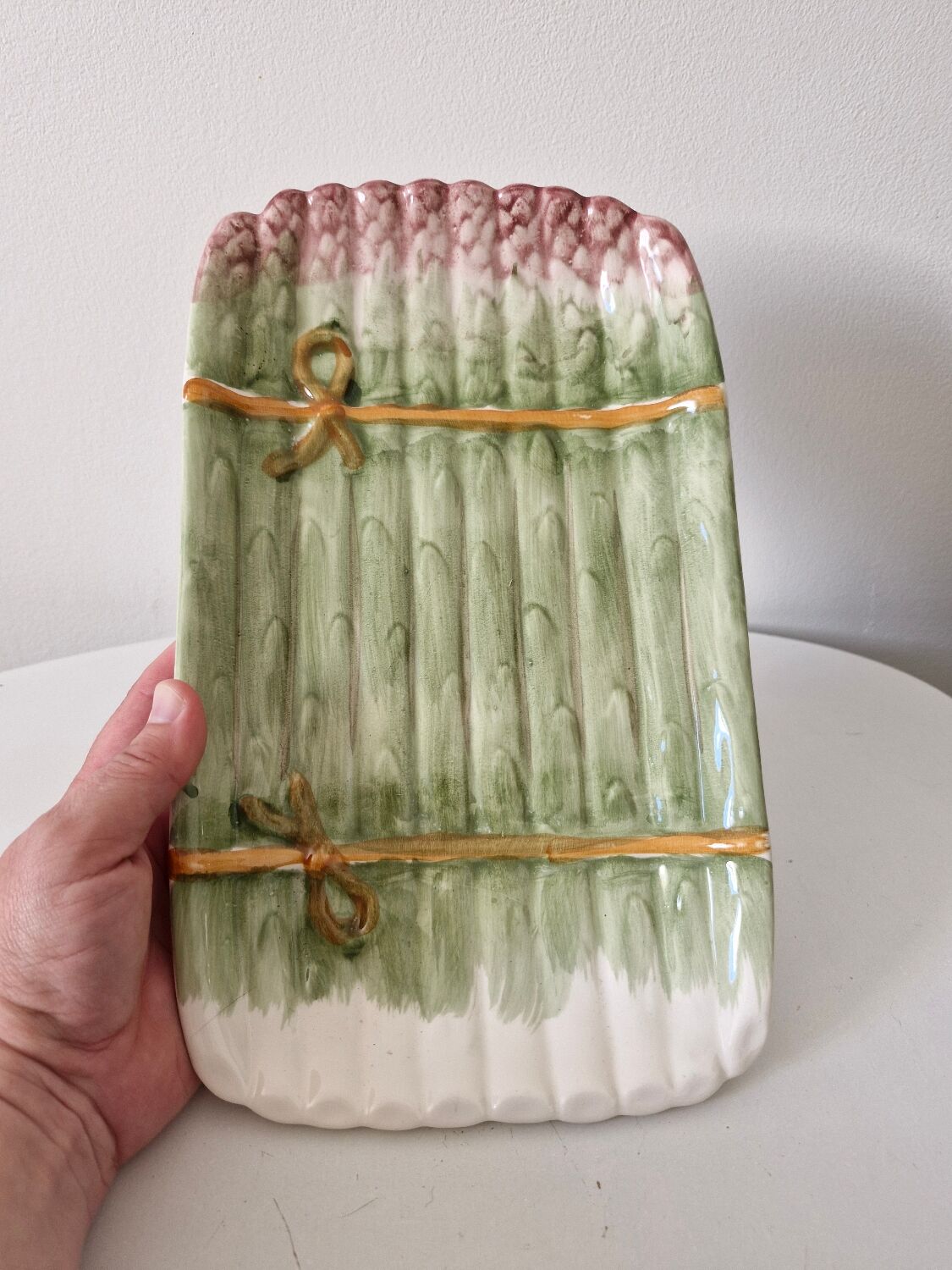 Old dish and asparagus drainer Barbotine ceramic