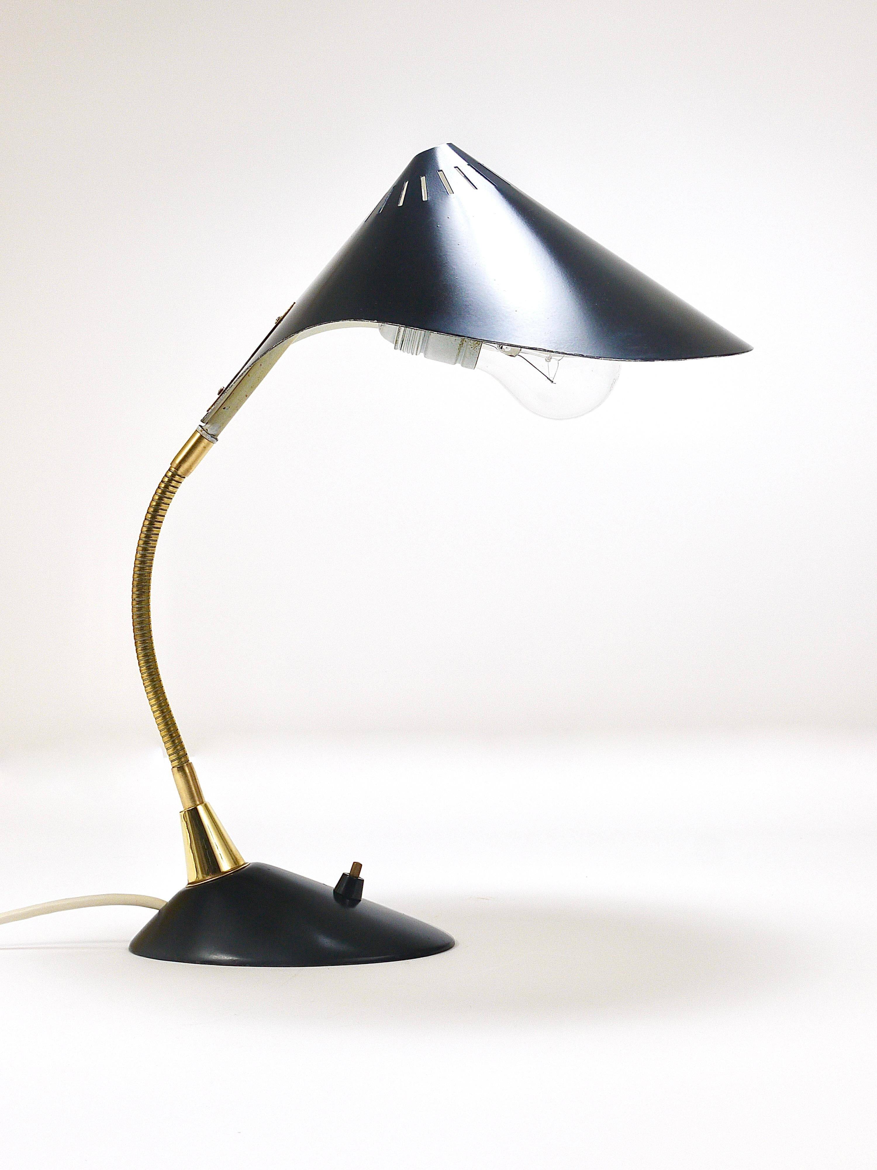 1950s Cosack Cobra black desk or table lamp in brass, mid-century, Stilnovo style.