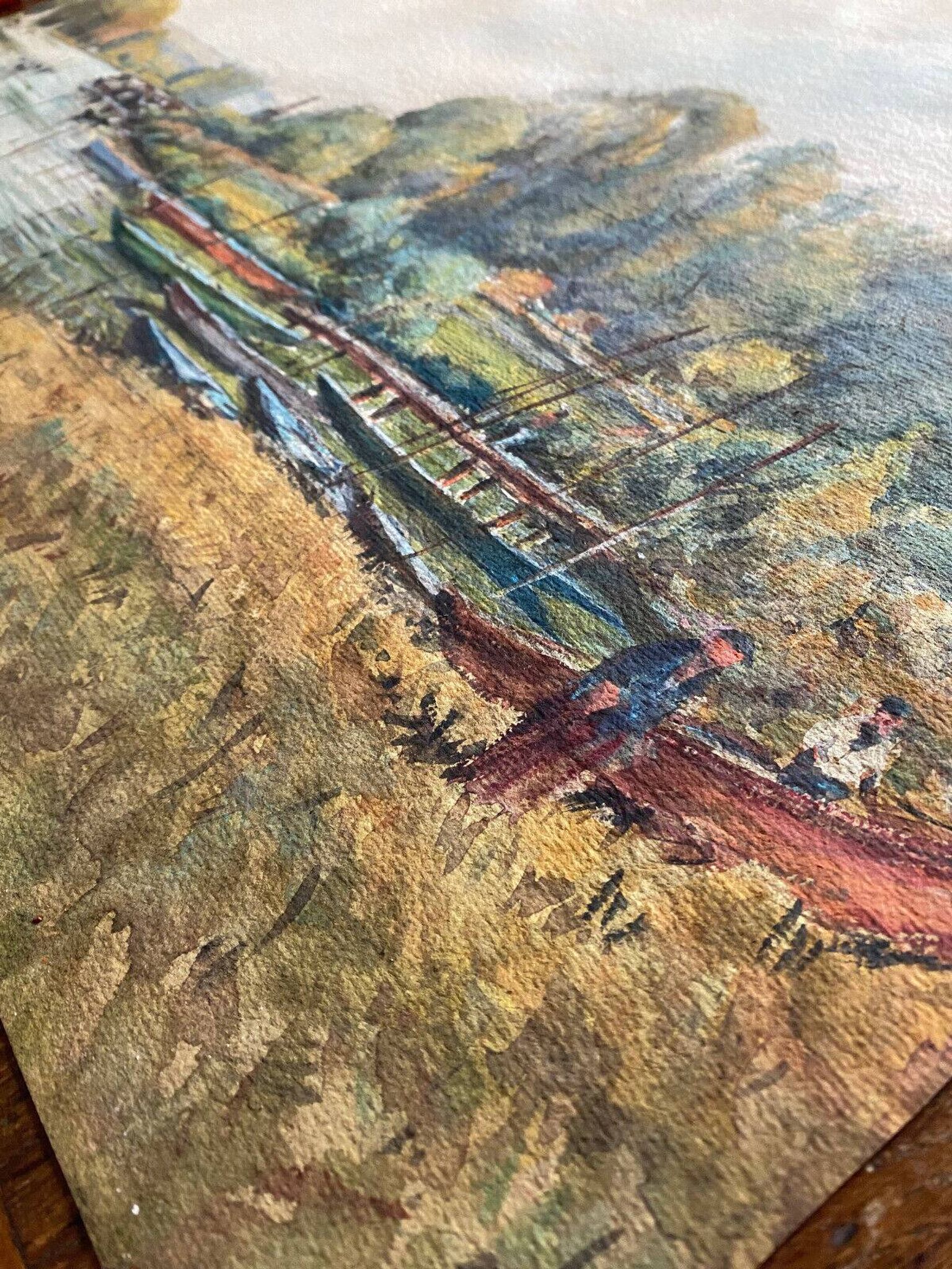Large watercolor painting "Bords of the Yonne" with boats P. Guillon