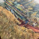 Tableau Aquarelle "Bords de l'Yonne" avec embarcations P. Guillon