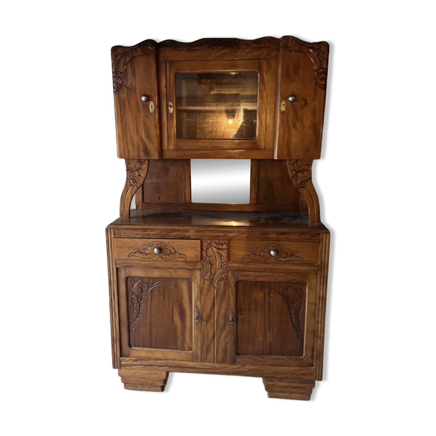 Buffet deux corps ancien en bois sculpté – Art Nouveau – vitrine et miroir