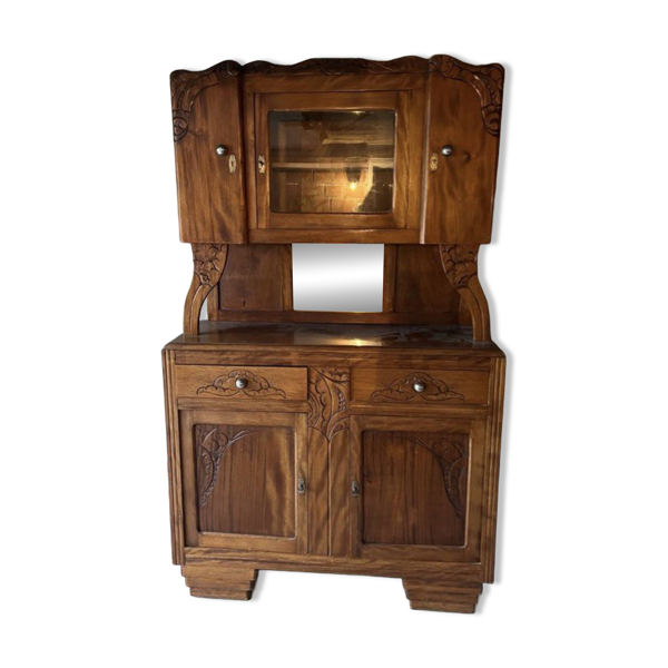 Buffet deux corps ancien en bois sculpté – Art Nouveau – vitrine et miroir
