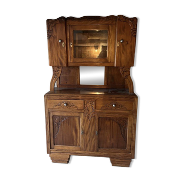 Buffet deux corps ancien en bois sculpté – Art Nouveau – vitrine et miroir