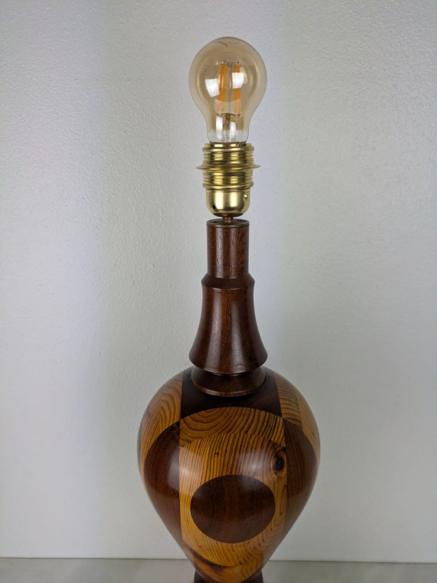 Vintage Marquetry Wooden Table Lamp (1970s) - 57 cm