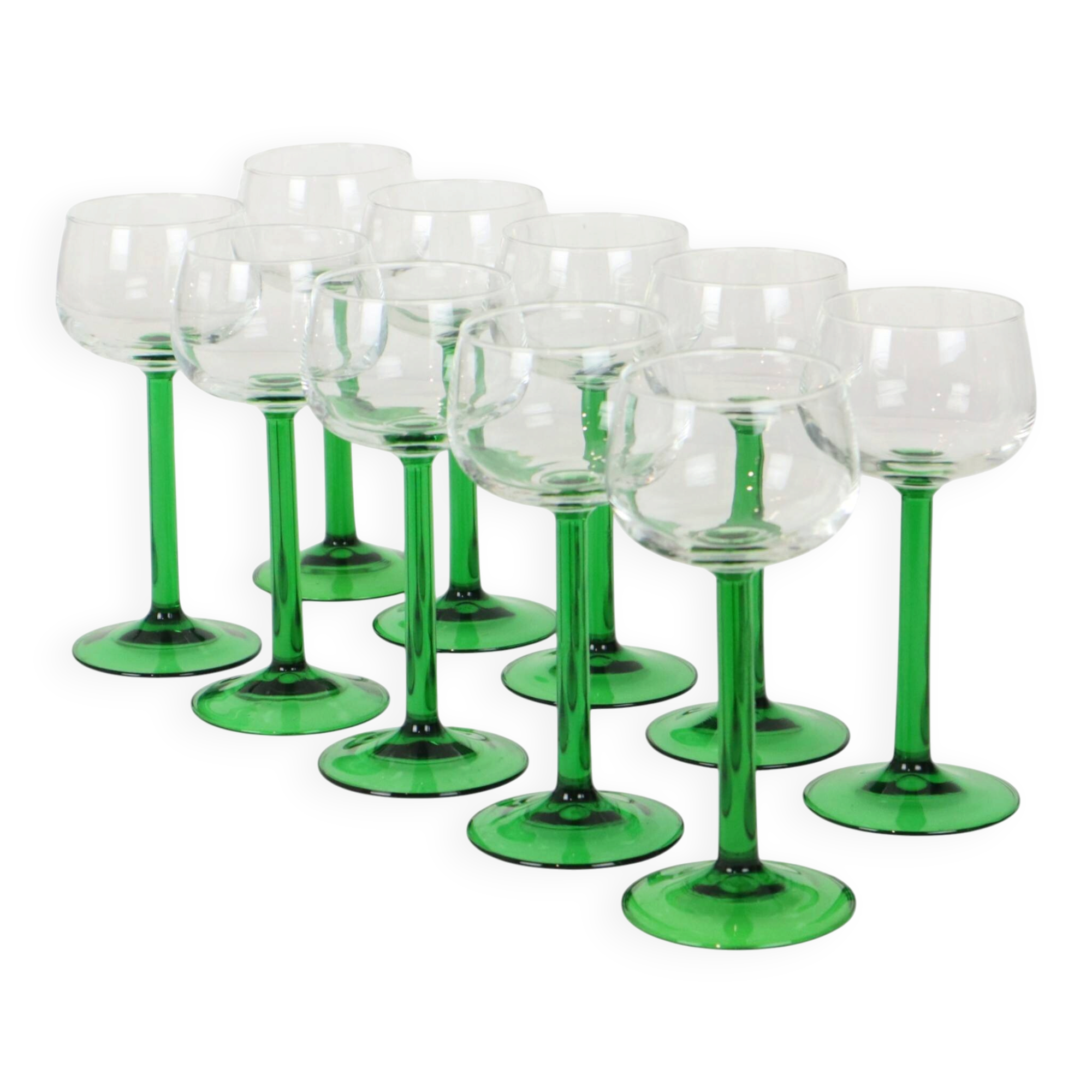 Set of 10 Vintage Luminarc Alsace Wine Glasses Thick Green Stems