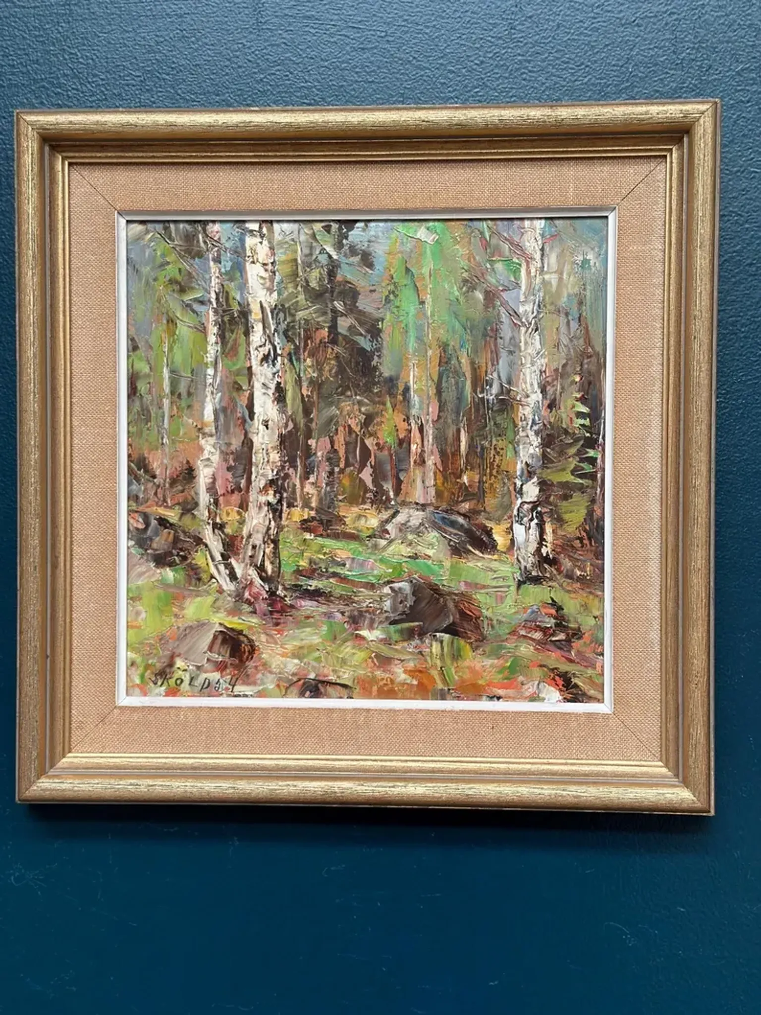 Original Swedish Oil on Canvas – “Birch Forest” by John Sköld – Signed – Dated 1954 – Framed – 40 × 40 cm