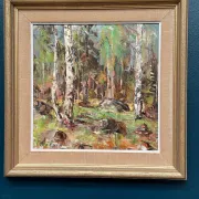 Original Swedish Oil on Canvas – “Birch Forest” by John Sköld – Signed – Dated 1954 – Framed – 40 × 40 cm