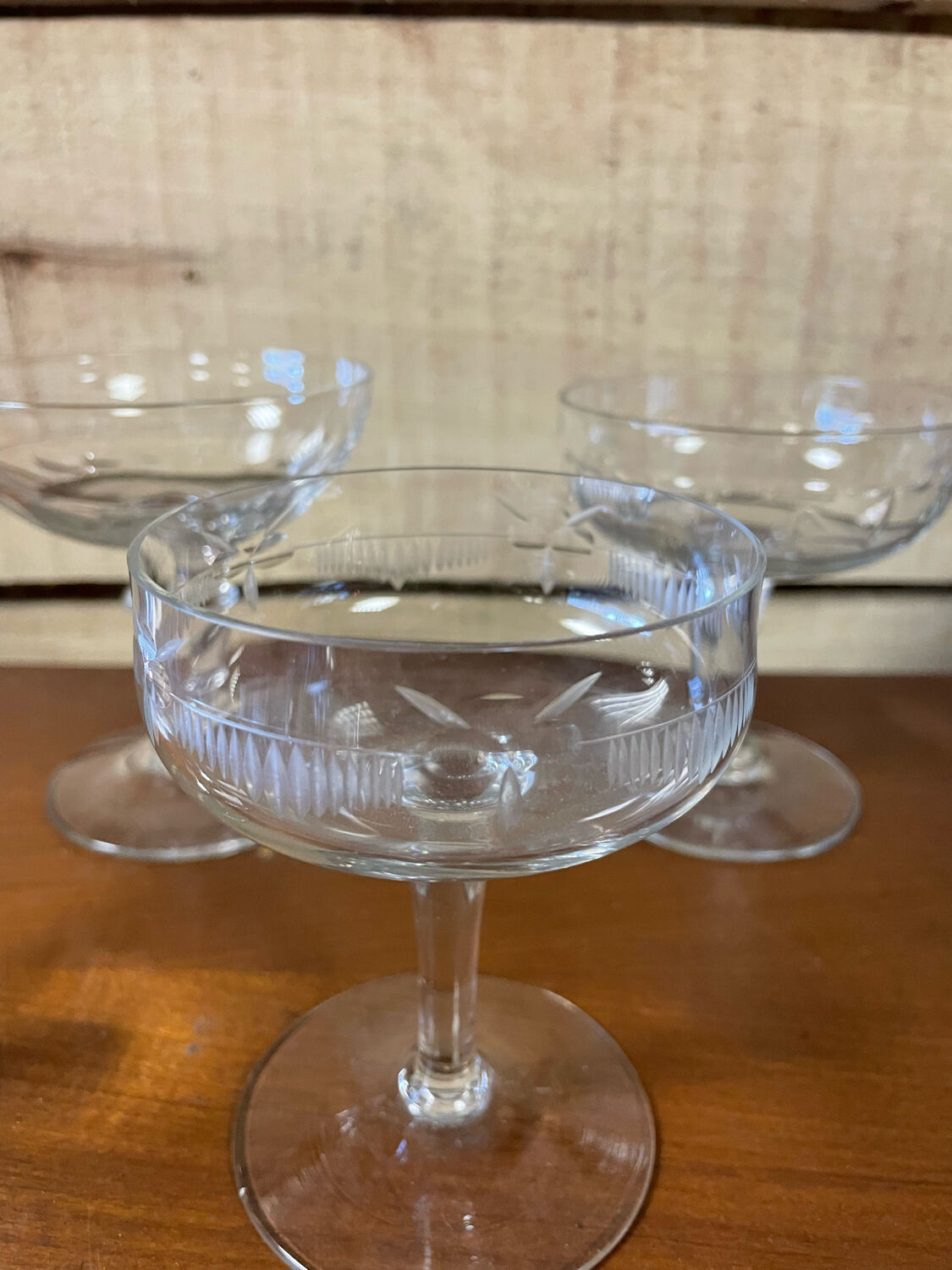 4 mismatched champagne glasses vintage cut crystal