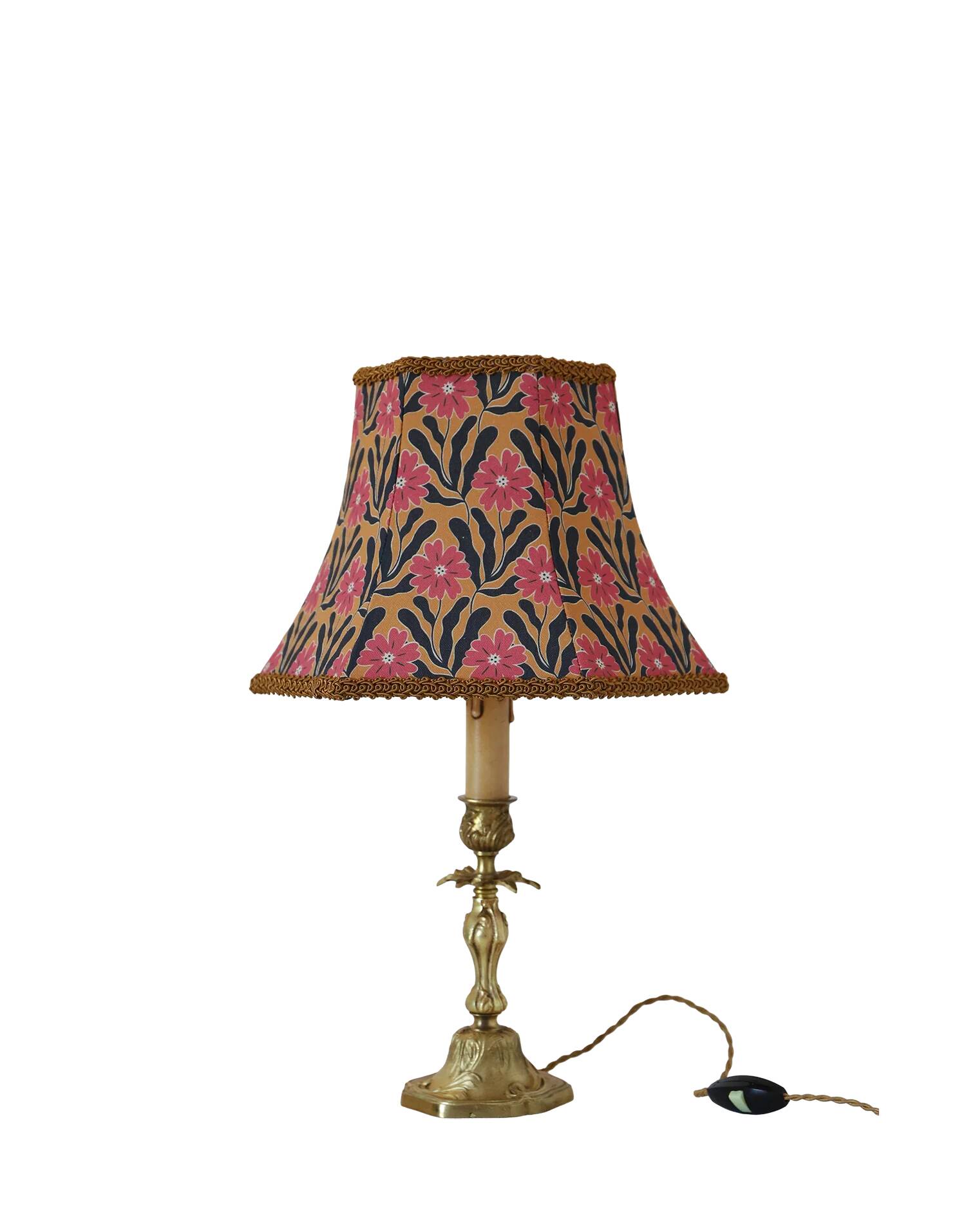 Recycled vintage lamp — antique bronze candlestick base and graphic flowers
