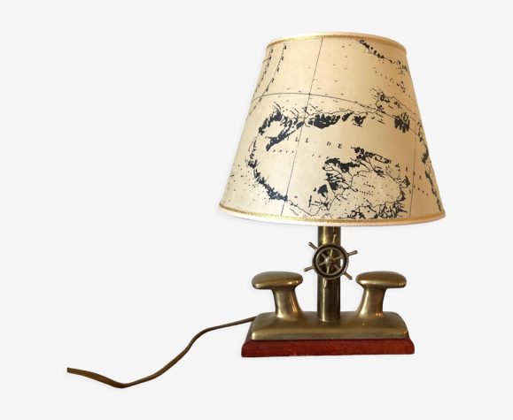 Lampe de marin italienne, teck laiton et abat-jour parchemin