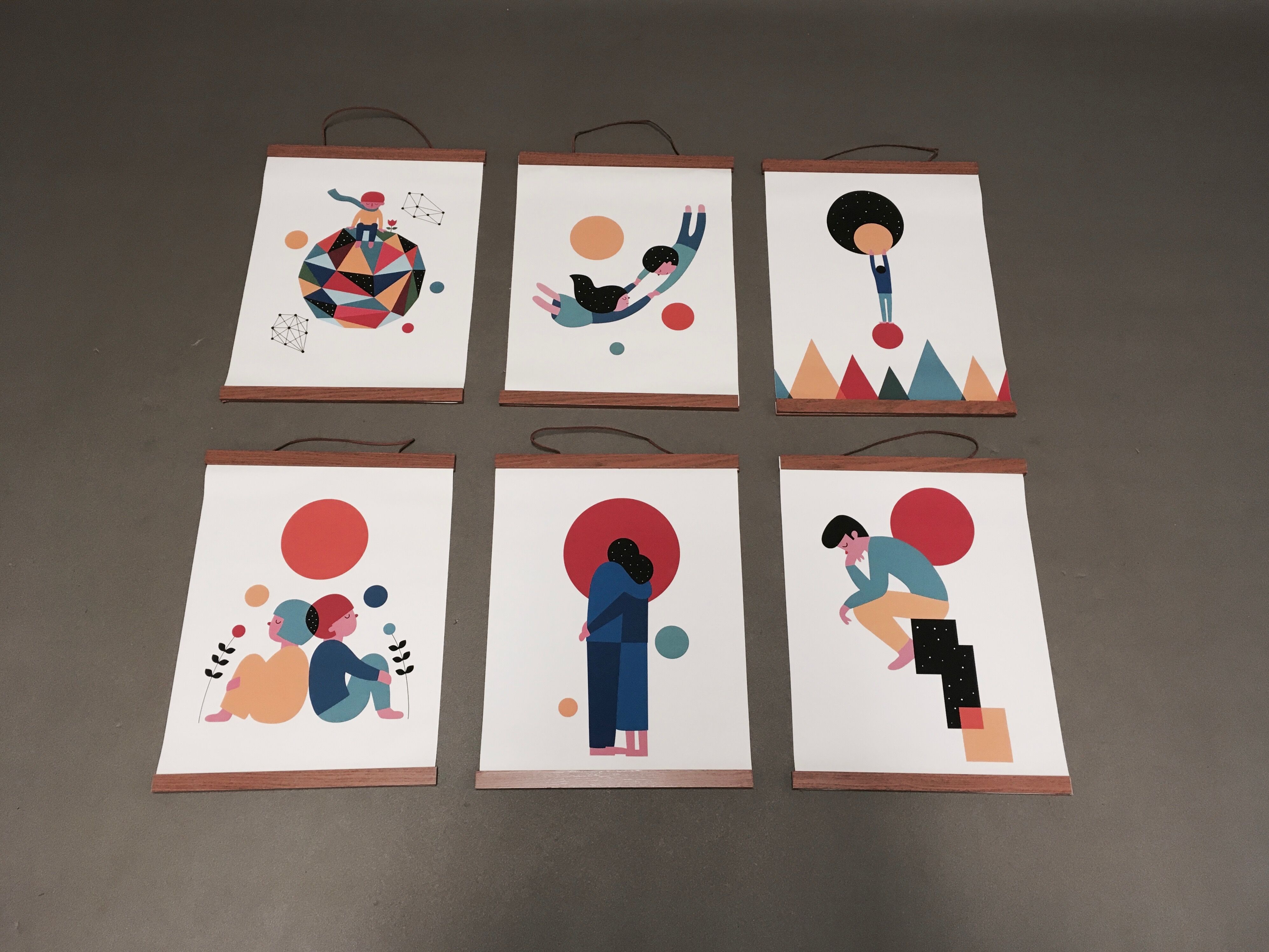 Set of 6 posters in leather and teak Scandinavian design