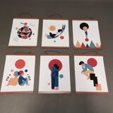 Set of 6 posters in leather and teak Scandinavian design