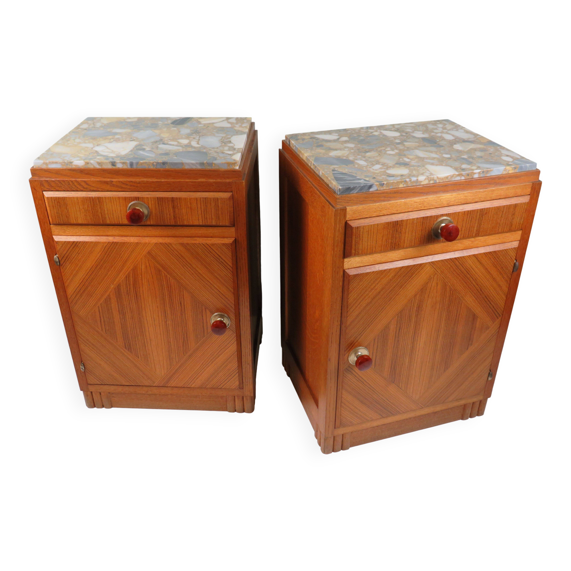 Art Deco bedside tables in oak with an inlaid marble top.
