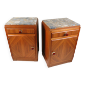 Art Deco bedside tables in oak with an inlaid marble top.