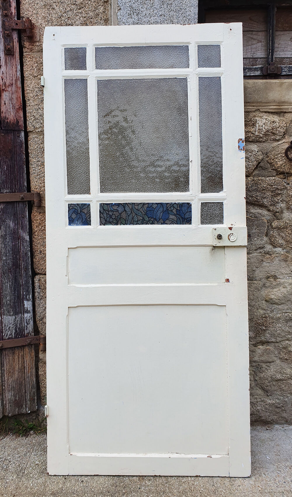 Old glass door, cathedral glass, wood, vintage