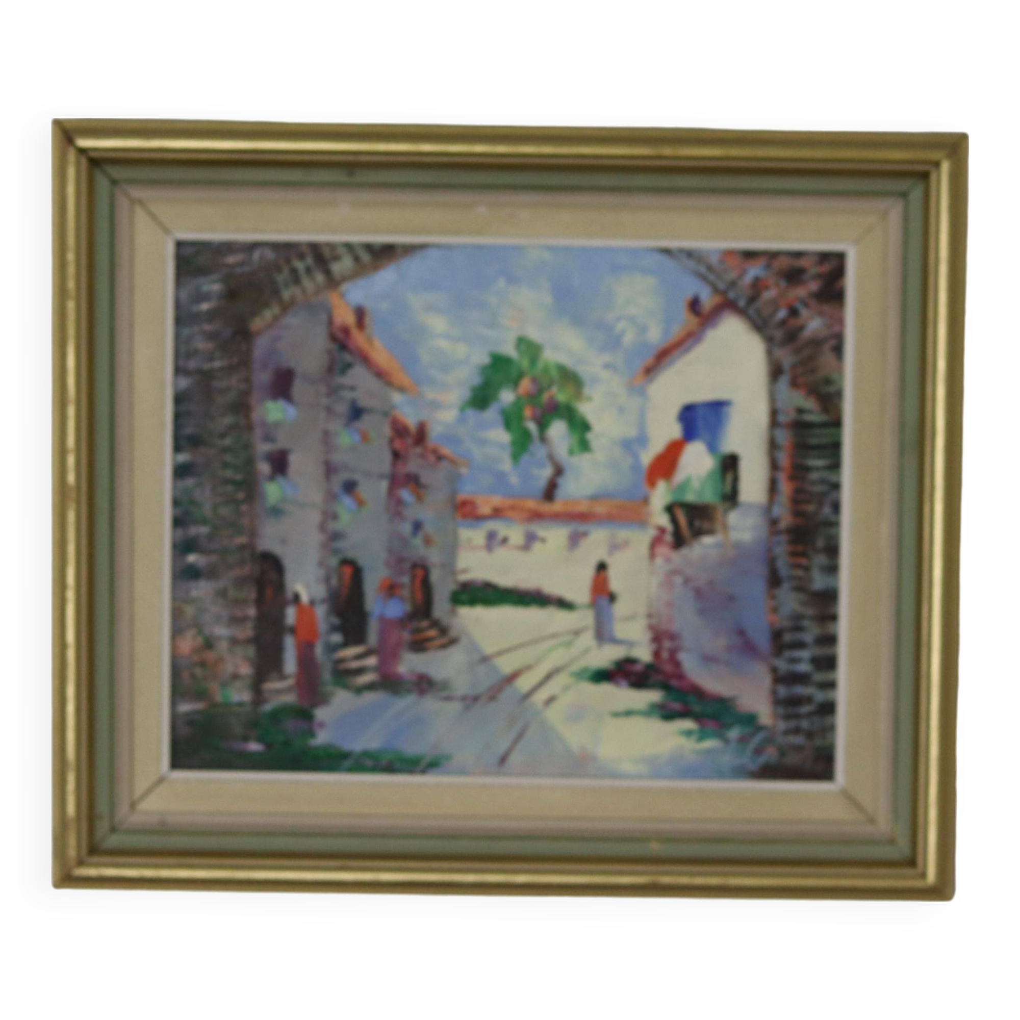 Original 1950s Swedish modernist oil painting on canvas "Street View" by CHARLES SCHÖLANDER.