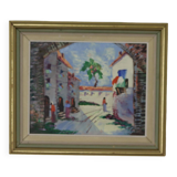 1950's Original Swedish Modernist Oil on Canvas Painting "Street View " by CHARLES SCHÖLANDER